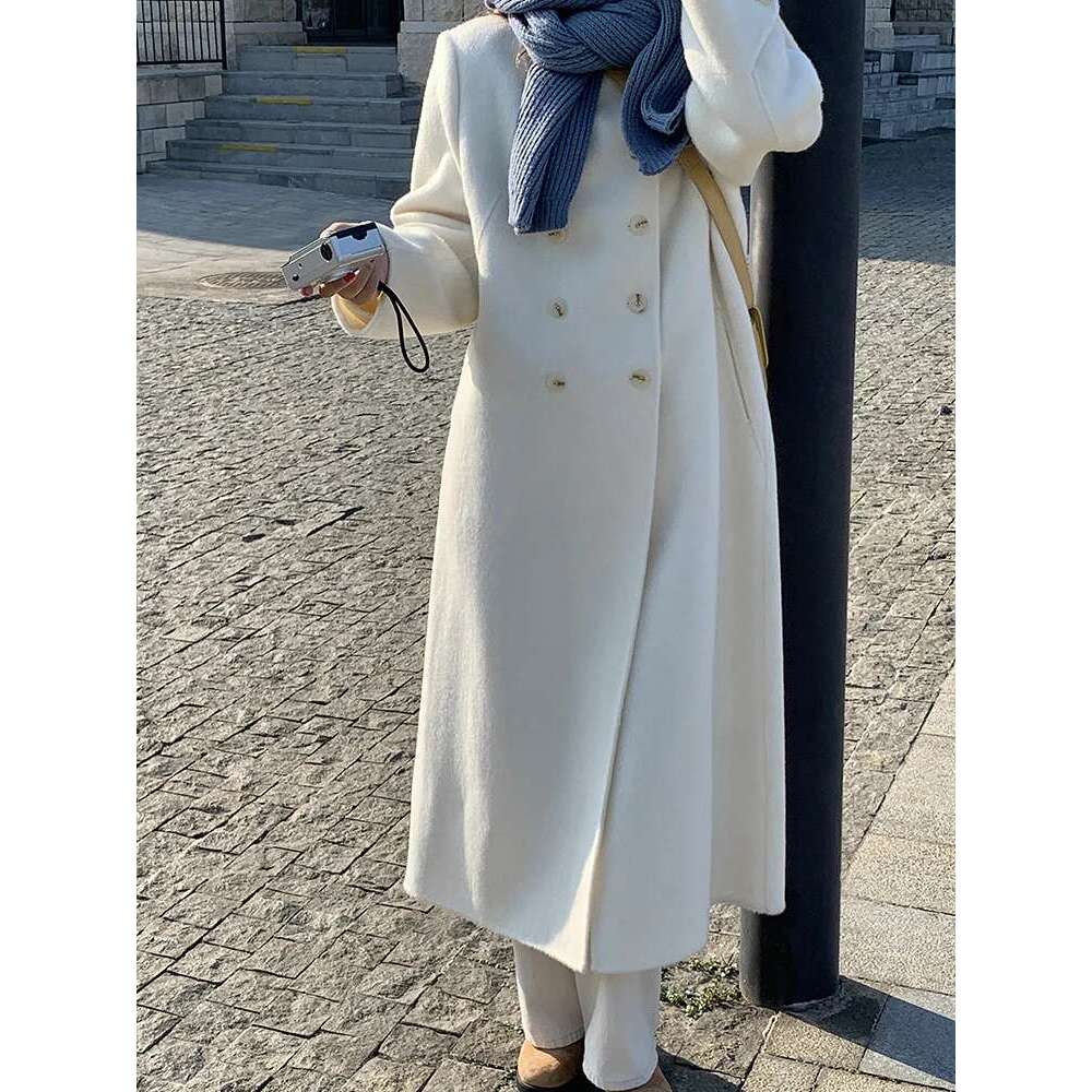 Rose White Double-Sided Cashmere Korean Fashion Double-Breasted Mid-Length Black Pure Wool Coat Women