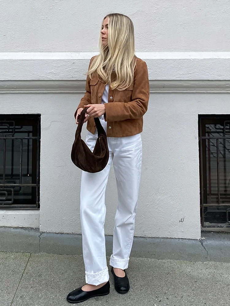 Fashionable brown collar single chest half season womens jacket retro long sleeved suede jacket womens casual street jacket 241023