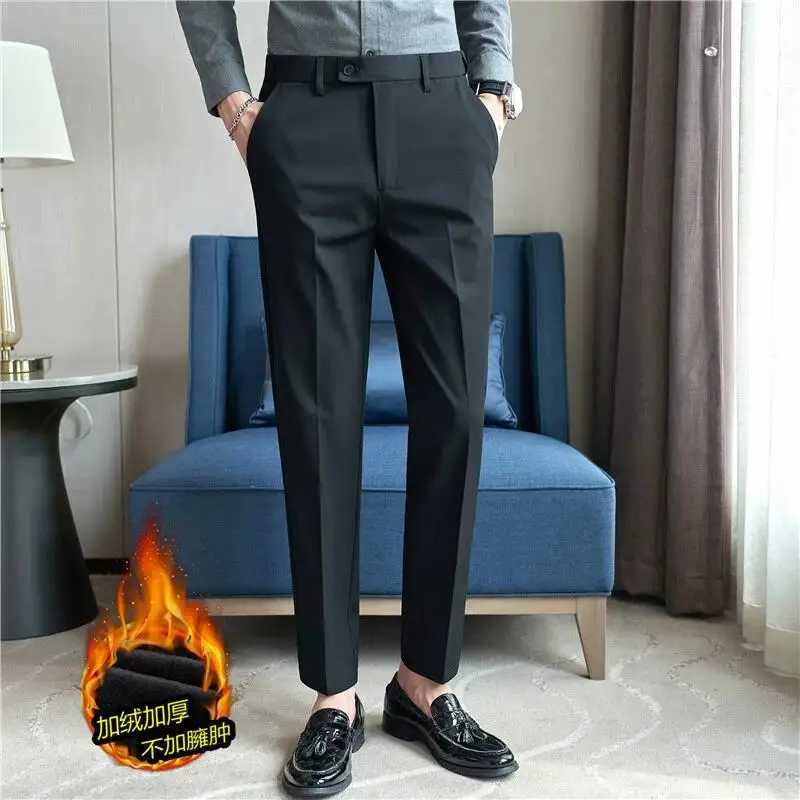 2023 Autumn Winter Plush Warm Suit pants Men Solid Color Elastic Waist Dress Pants Formal Business Slim Office Social TrousersXJ241023