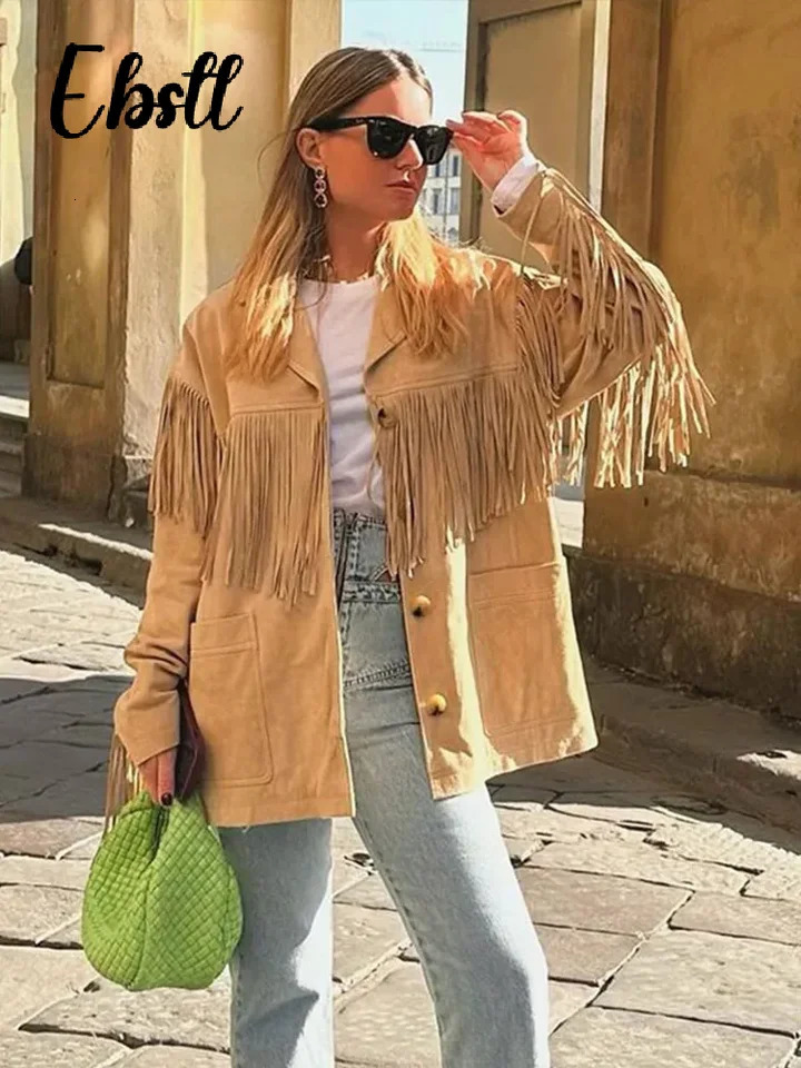 Retro artificial suede fringe jacket for women elegant long sleeved single breasted lapel jacket autumn womens loose city jacket 241023
