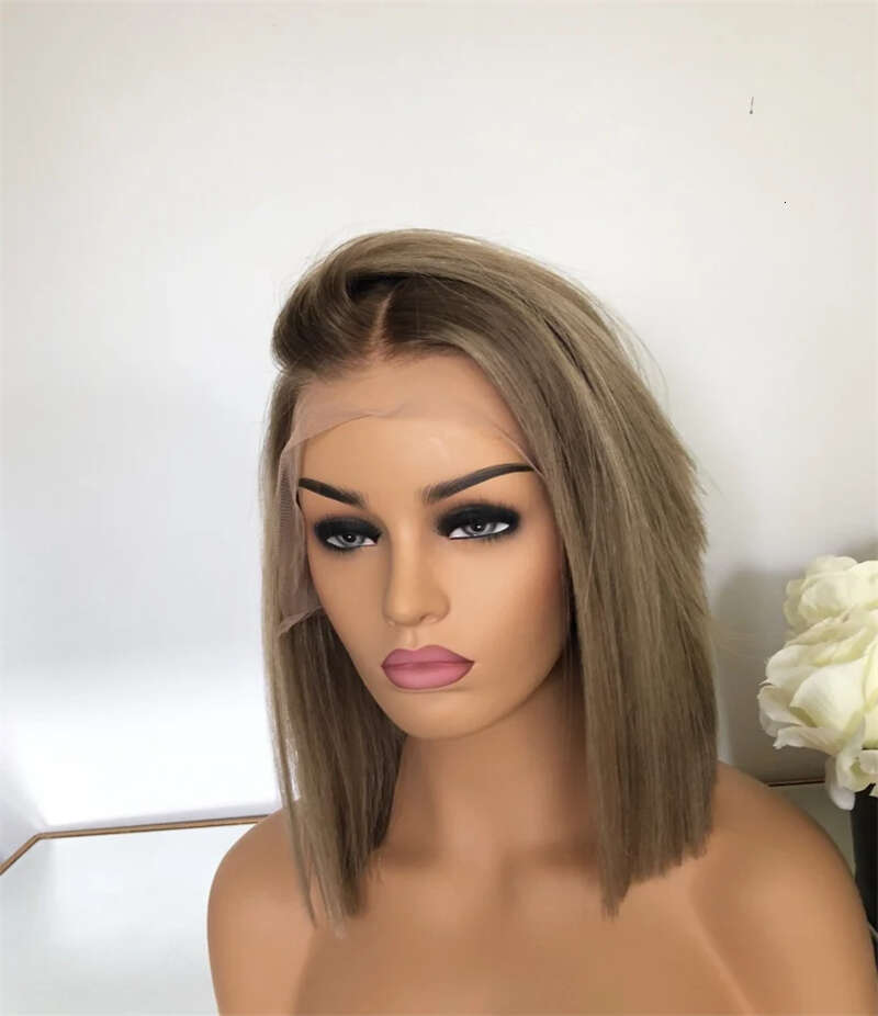 Short Bob Ash Blonde Frontal Wig 100% Brown Highlight 13x4 Straight HD Lace Front Human Hair Wigs For Women