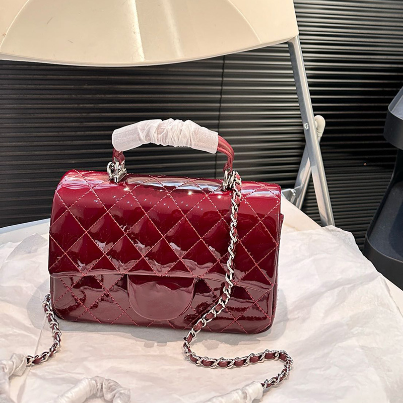24K Portable Patent Leather Top Handle Totes Bag Classic Mini Flap Square Quilted Bags Shiny Turn Lock Diamond Lattice SHW Crossbody Shoulder Handbags Purse 20CM