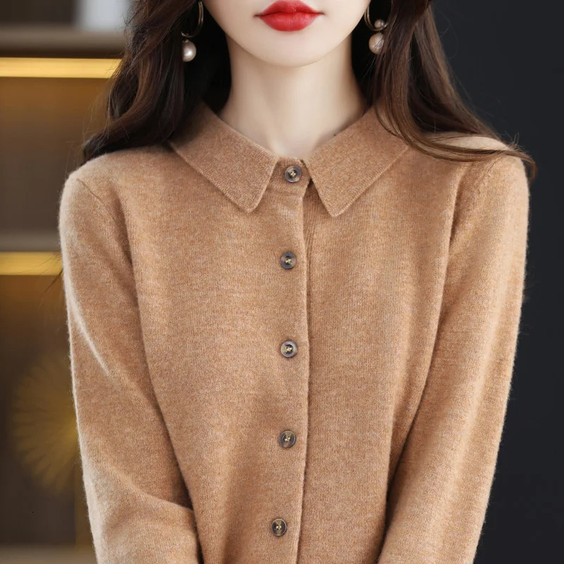 Womens collar pure wool cardigan autumn and winter merino cashmere sweater long sleeved formal knitted top S-XXL 241022