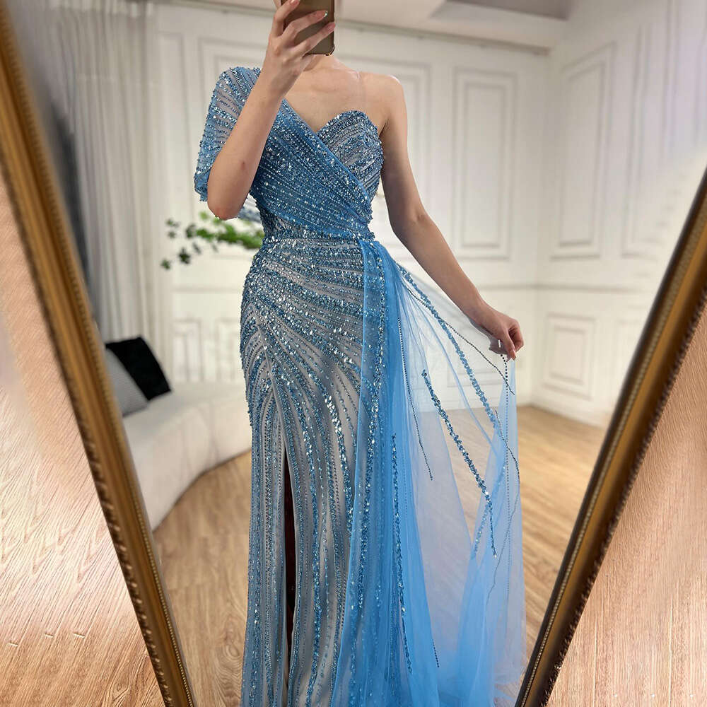 Serene Hill Green Mermaid High Split One Shoulder Beaded Evening Dresses Gowns for Women Party 2024