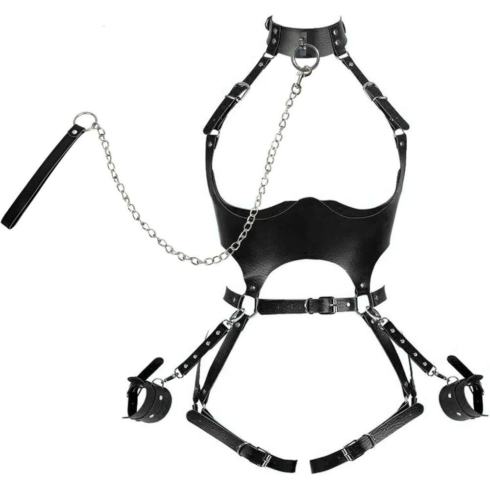 Sex Bondage BDSM Kit Restraints Set, Adjustable Restraint Harness Kit with Leash Wrist Cuffs and Waist Garter Belt Full Body Harness