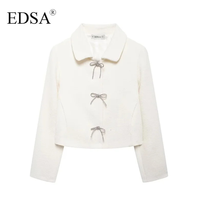 EDSA Womens White Coarse Linen Jacket with Bow Retro Single Chest Collar Long Sleeve Texture Coat Womens Unique Womens Clothing 241023