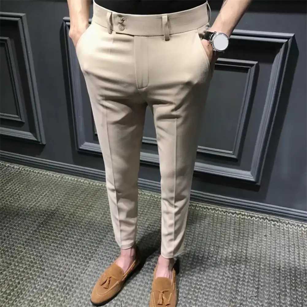 Men Blazer Pants Anti-wrinkle Mid Waist Men Ninth Pants Young Style Men Casual Ninth Suit Pants Pockets Business Long TrousersX241023