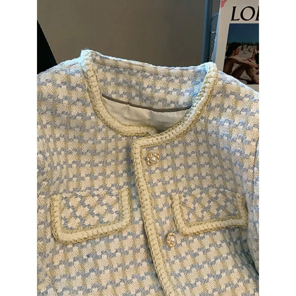 Socialite Temperature Plaid Small perfume Style Jacket Womens Pearl Button Short Wool Tweed Top 241023