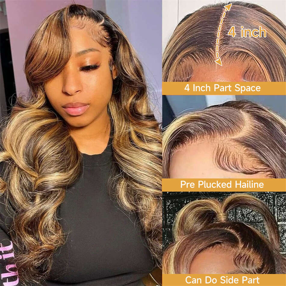 Highlight Human Ombre Brown Brazilian Hair Wigs For Women 32 Inch Honey Blonde Body Wave Lace Front Wig