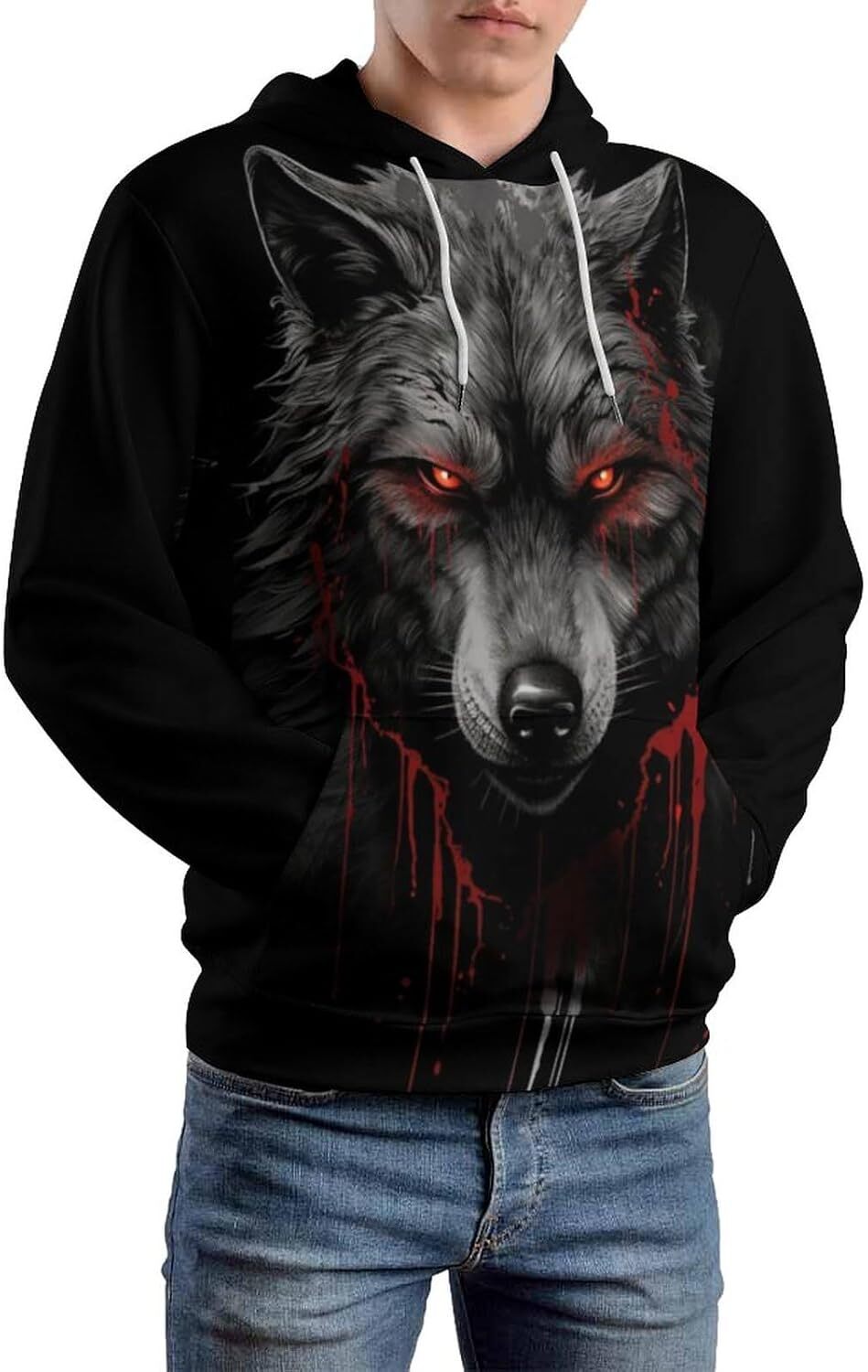 Hoodie for Mens Womens Mens Red Eyed Wolf Hoodie Novelty Animal Sweatshirt Fashion Long Sleeve Hoodies Graphic Hoodies sweatshirt Trendy Warmth