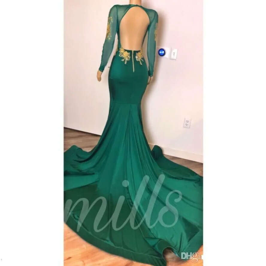 Backless New Prom Sexy Dresses Mermaid Long Sleeves Hunter Green Gold Lace Beaded Deep V Neck Special Ocn Evening Gowns