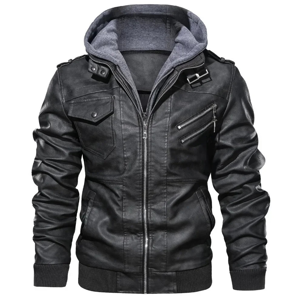 Splicing PU Leather Jacket Zipper Hooded Mens Artificial Leather Long Sleeve Solid Pocket Open Collar Loose Coat Long Street 241023