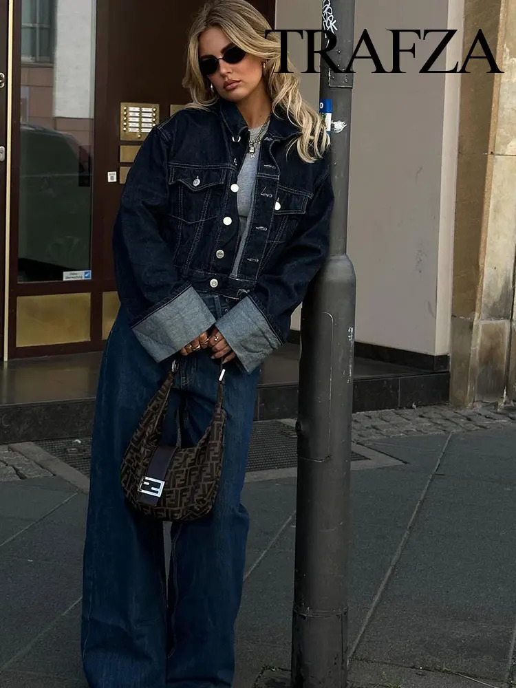 TRAFZA Womens Retro Splicing Single breasted Pocket Denim JacketHigh Waist Womens Zipper Wide Leg Pants 2-piece Set 241023