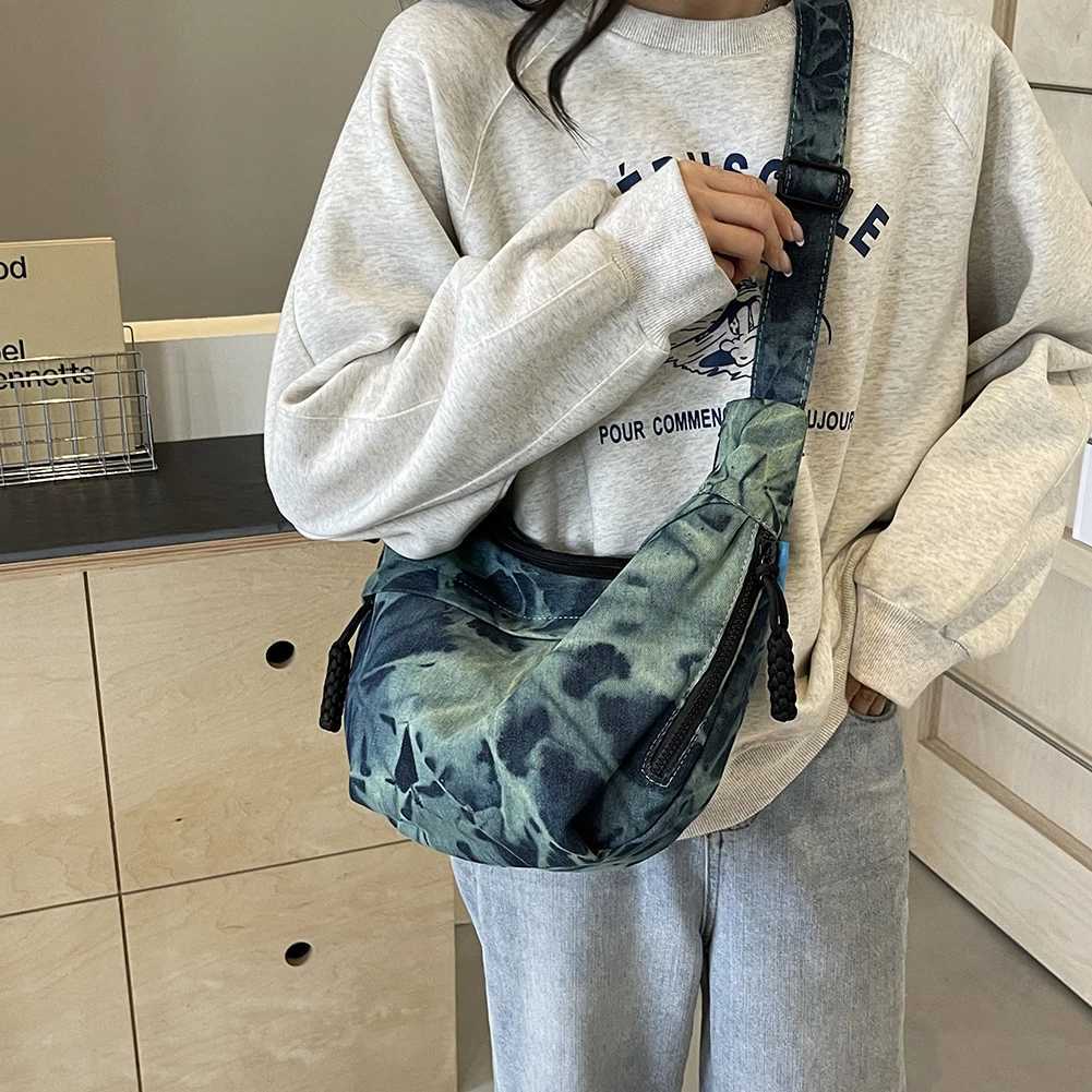 Women Canvas Hobo Sling Bag Multi Pockets Half Moon Large Capacity Daily Messenger Adjustable Strap Simple Satchel 241023