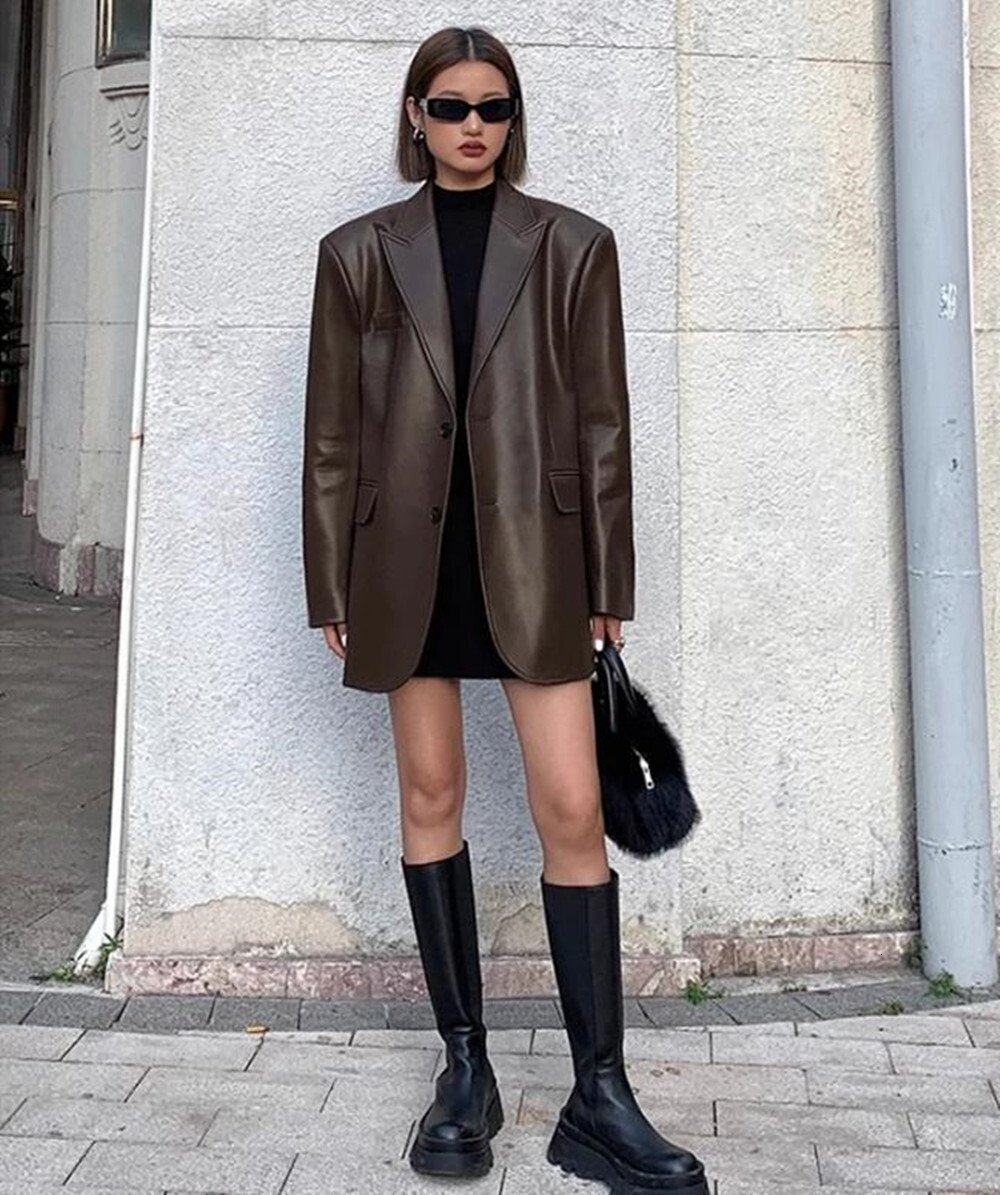 Womens Black Brown Soft PU Leather Blazer Shoulder Pads Long Sleeve Single Breasted Loose Casual Jacket Tops Korean Fashion Coat