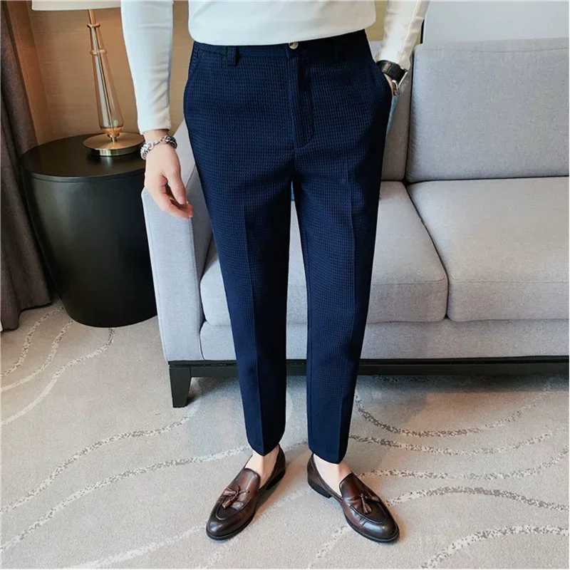 Fashion Waffle Stretch Mens Pants 2024 New Business Straight Slim Fit Social Party Suit Pants High Quality Formal Wear TrousersX241023