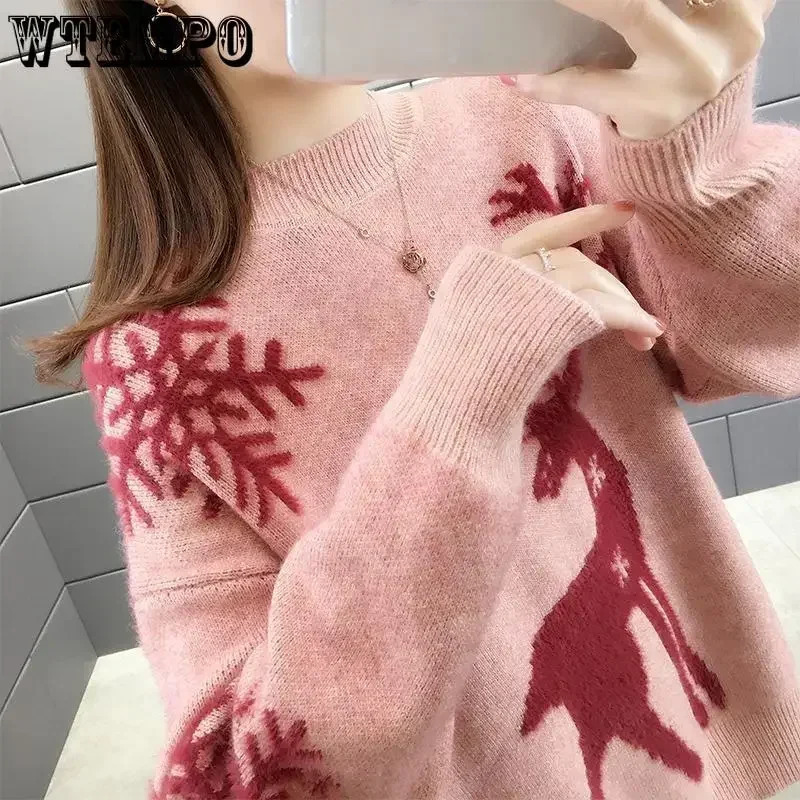 WTEMPO Christmas Year Loose Knitted Sweaters Women Autumn Winter Warm Pullover Top All Match Sweater Bottoming Shirt Female 241021