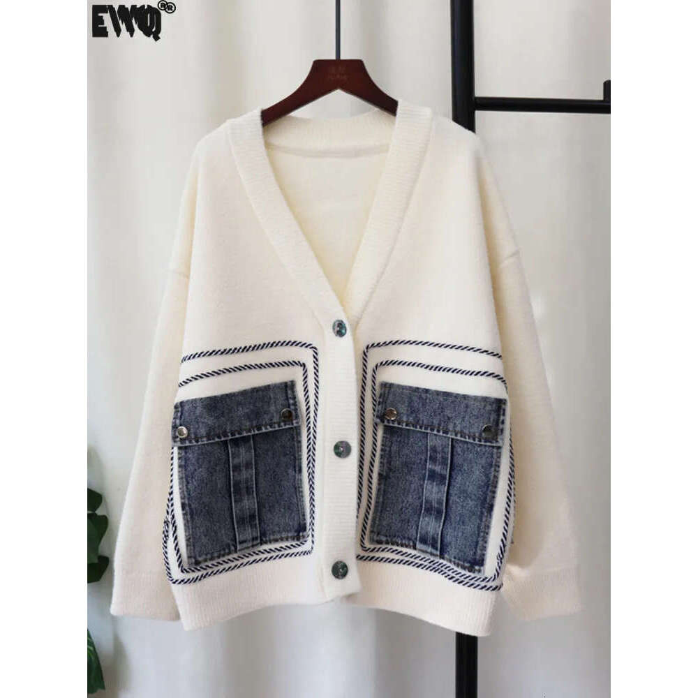 Denim Pockets Long Sleeve V-Neck Double-Faced Cashmere Single Breasted Women Winter Cardigan Coat Autumn