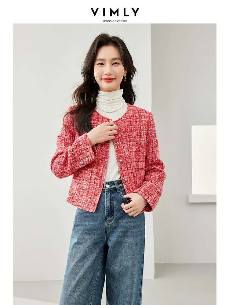 Vimly elegant cut tweed red jacket womens spring coat O-neck single chest long sleeved womens coat M6103 241023