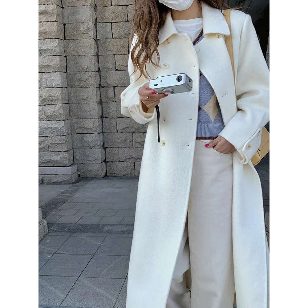 Rose White Double-Sided Cashmere Korean Fashion Double-Breasted Mid-Length Black Pure Wool Coat Women