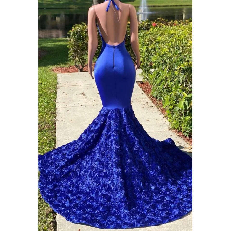 Royal Cascading Elegant Blue Lace Wers Prom Dressess Sexy Mermaid Halter Neck Appliques Sequins Satin Long Evening Gowns Backless Party Vestidos