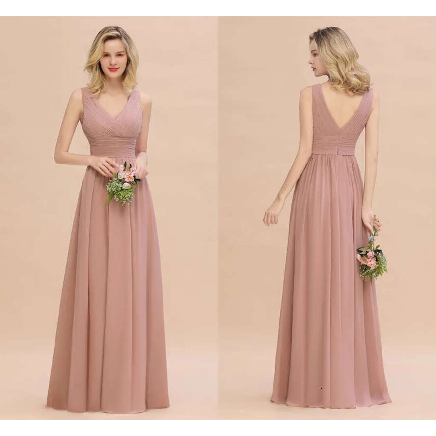 Chiffon Bridmesaid Pink Dusty Dresses Designer A E V Neck Pleats Long Summer Garden Bohemian Wedding Guest Maid Of Honor Gowns Custom Made Bm0752