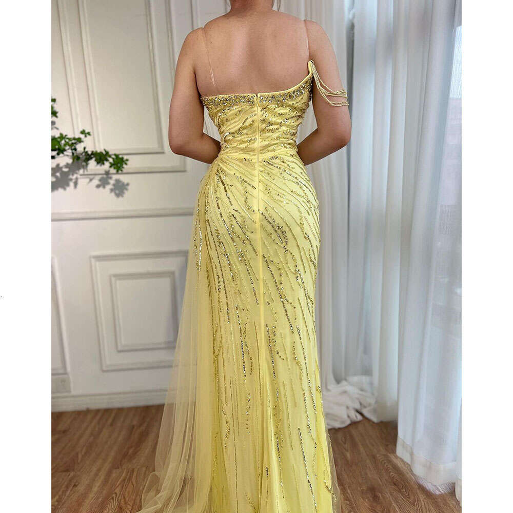 Serene Hill Yellow Mermaid Sexy High Split One Shoulder Beaded Evening Dresses Gowns For Woman Party 2024