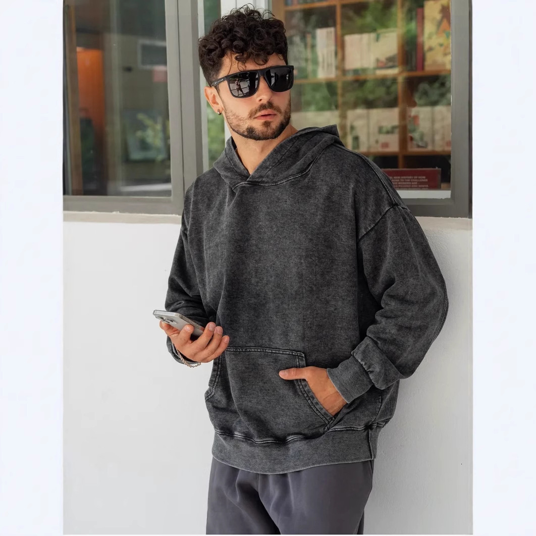 Men's hoodie, wax printed heavy-duty circular hooded sweatshirt, water washed outfit, loose and fashionable couple's top