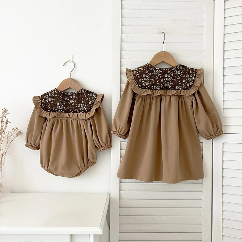 Autumn Baby Girl Dress Large lapel Vintage Long Sleeve Dress Baby Bodysuit Family Matching sisters Set Baby Princess Dress 241022