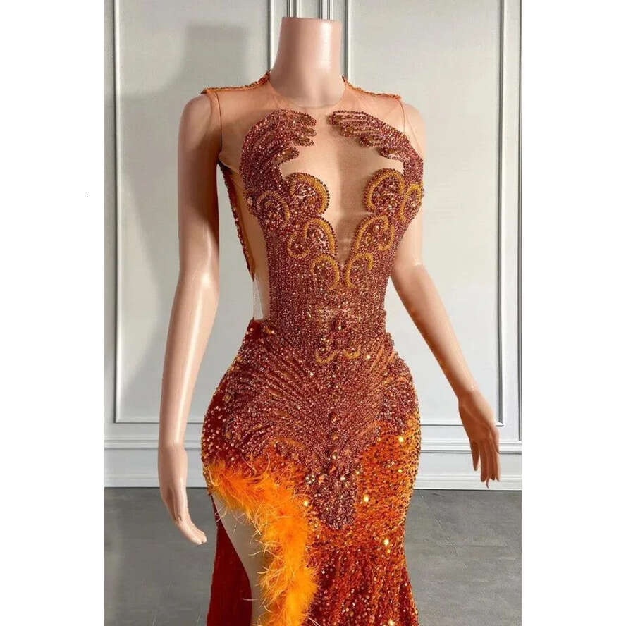Orange Prom Urious Mermaid Dresses For Black Girls 2024 Graduation Evening Party Gowns Sexy Split Feather Beadings Crystlas Vestidos De Bal Bc18623