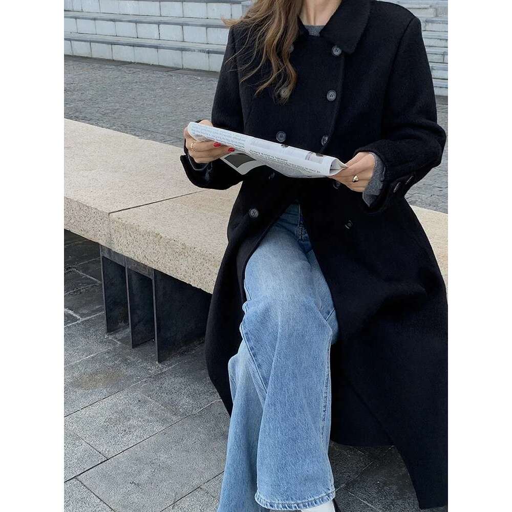Rose White Double-Sided Cashmere Korean Fashion Double-Breasted Mid-Length Black Pure Wool Coat Women