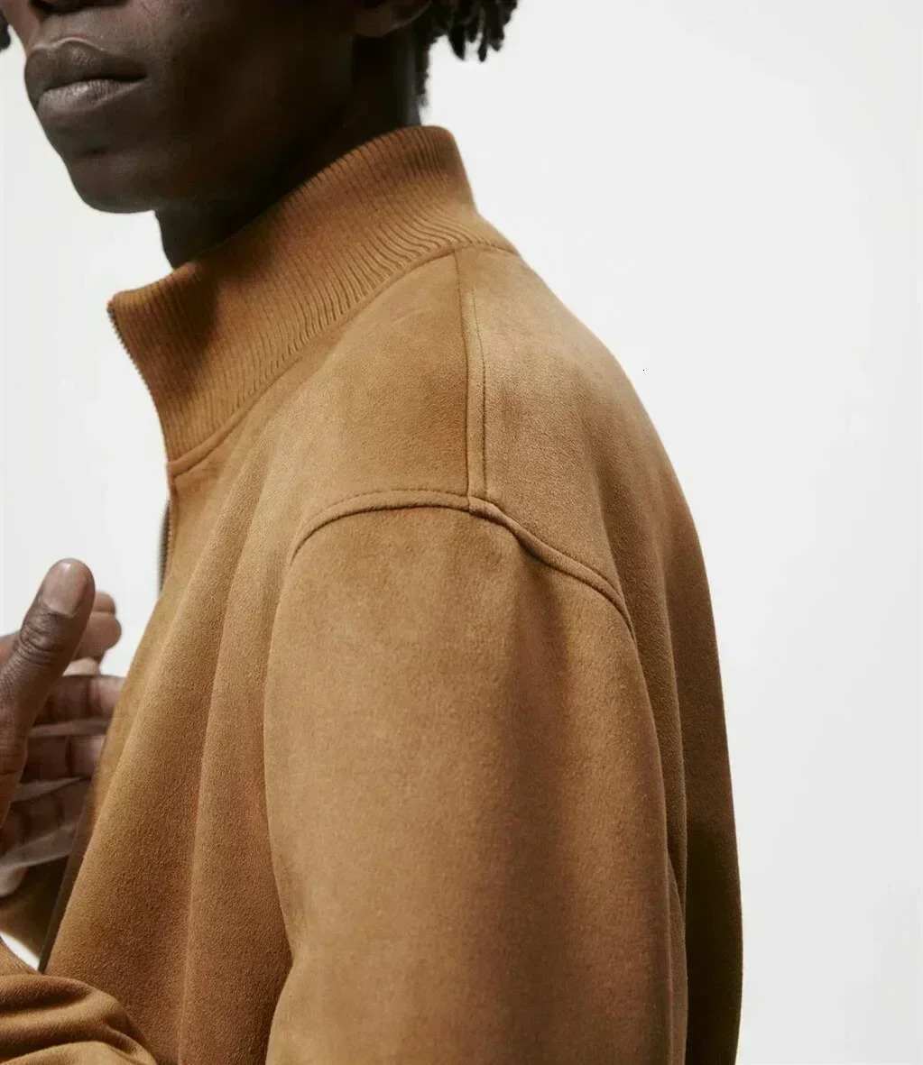 Street fashion jacket mens stand up collar casual suede jacket ultra-thin fit windproof zipper jacket camel black top 241023