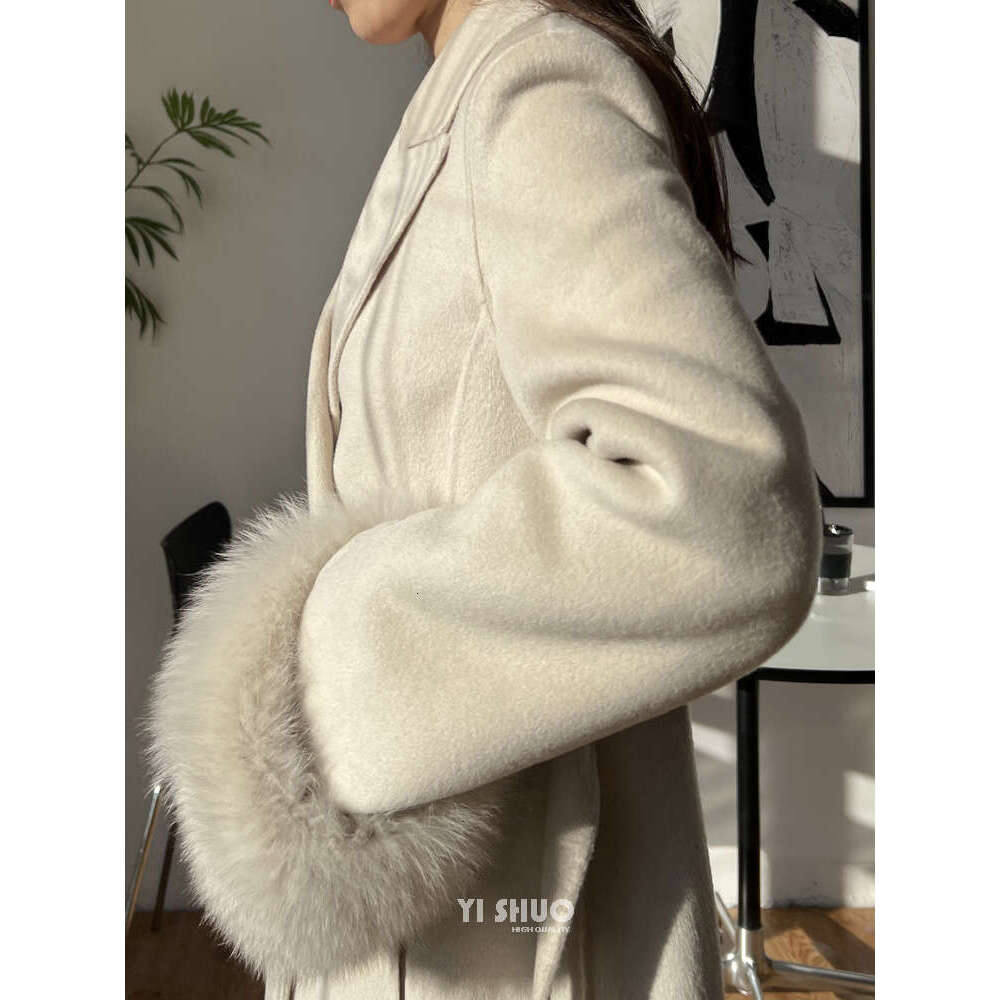Rose Korean Double-Sided Cashmere Real Fox Fur Sleeve Black Double-Breasted Lapel Long Wool Coat Women