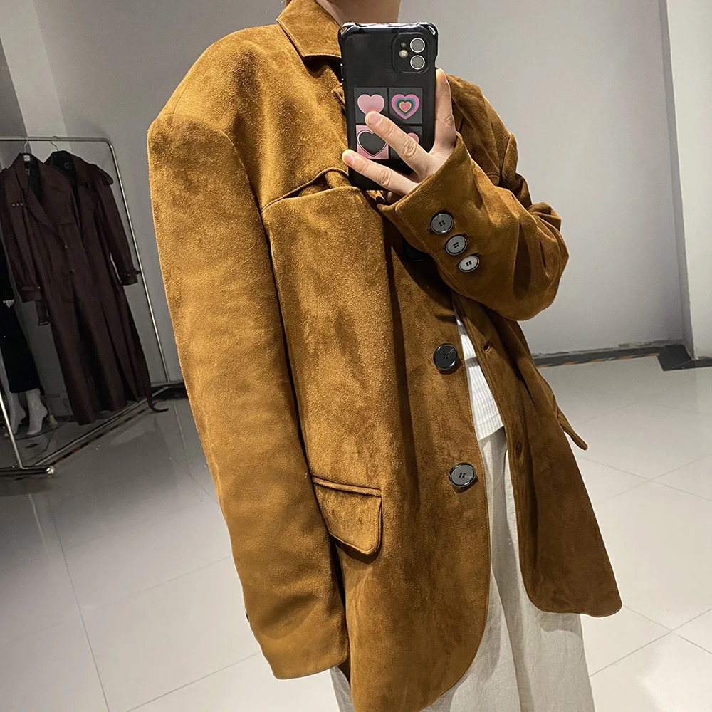 YOLOAgain Womens Extra Large Suede Leather Jacket Single Chest Genuine Leather Jacket Womens Autumn 241023