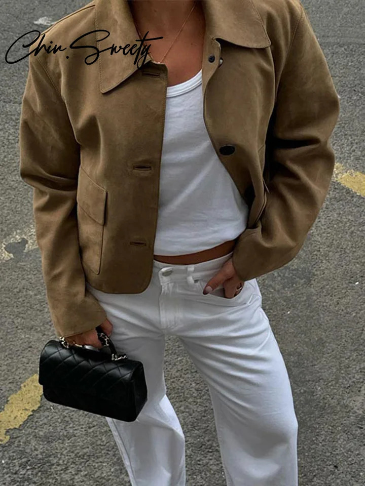 Retro suede solid jacket womens short lapel single chest long sleeved pocket jacket womens autumn city womens jacket 241023