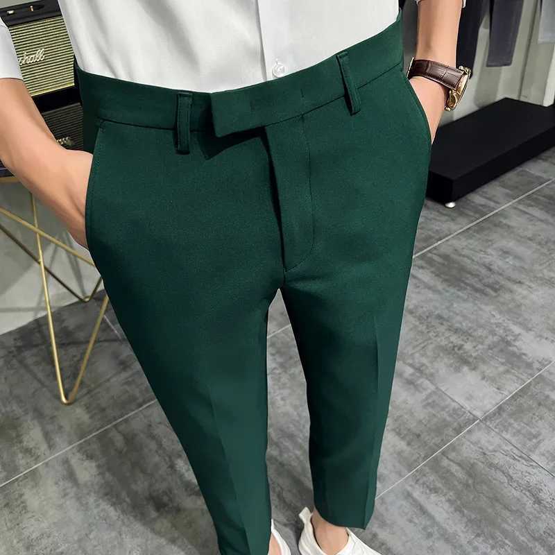 2024 Mens Dress Pants Summer Fashion Dark Green Mens Suit Pants Pure Color Business Slim Fit Dress Office Tight Cropped TrousersX241023