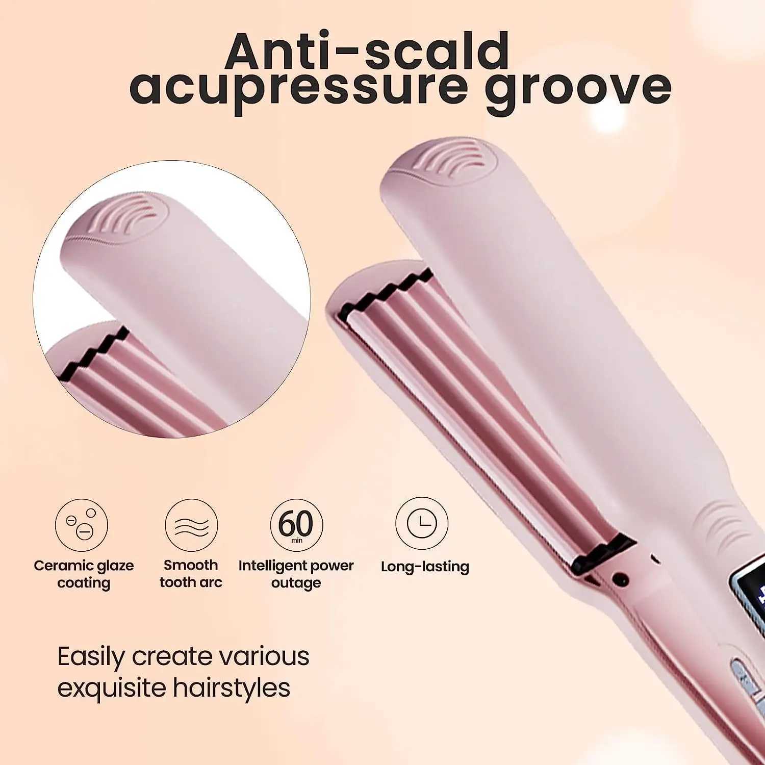New Arrival Pink Ripple Hair Curling Iron 13 Adjustable Temperature LCD Display Hair Curling Iron for Fluffy Hair Tool Z241022