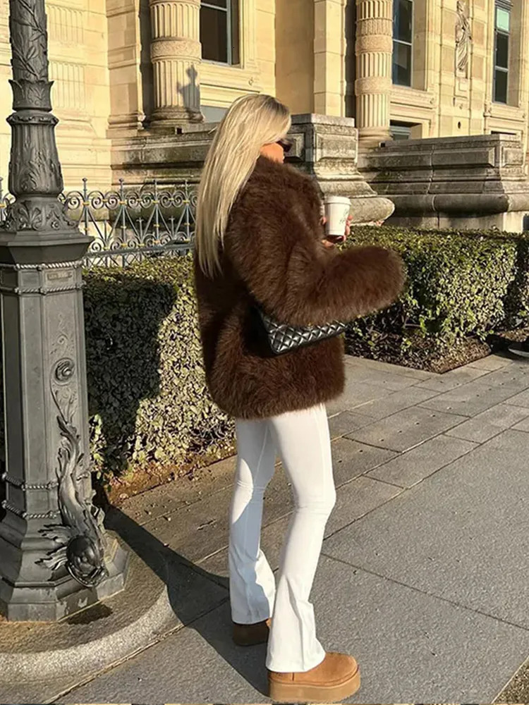 Brown Women Faux Fur Coat Vintage Loose Long Sleeve Fluffy Short Coats 2024 Autumn Winter Female Elegant Street Commuter Outwear