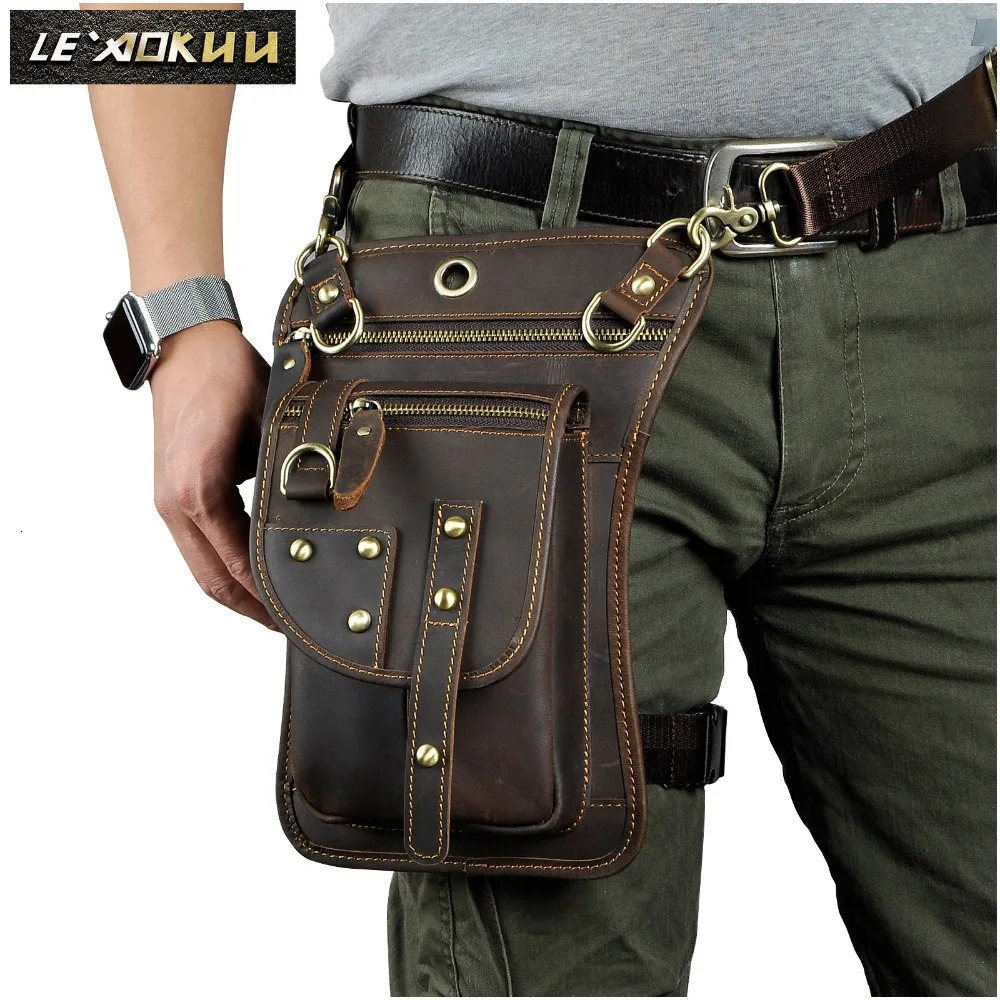 High quality leather mens casual 8-inch flat messenger sling bag multifunctional fashionable travel belt bag leg hanging bag 241023