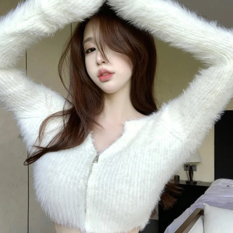 Women Autumn Temperament Knitted Cardigan Top Mink Short Style Gentleness Sweater Coat Solid Color Zipper n Plush 241010