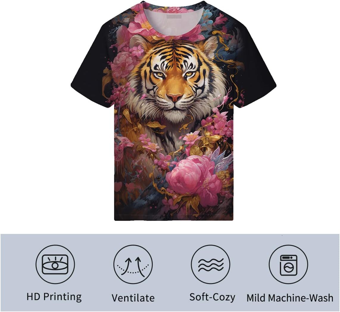 Mens T shirt Men's White Tiger T-Shirt 3D Funny Tiger Roar Tees Tops Summer Fashion Short-Sleeved Shirt tee Casual tops summer clothes