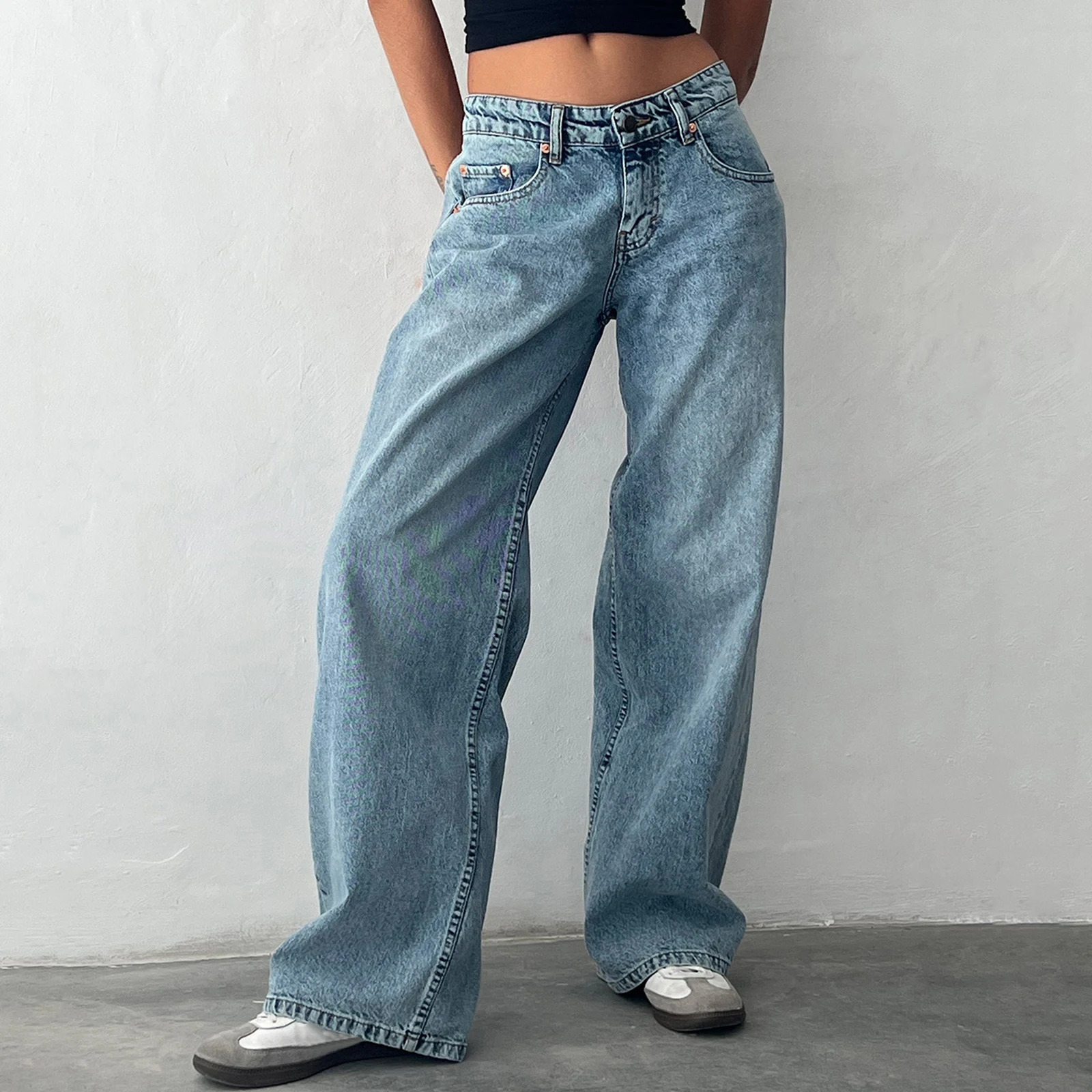 Y2K womens pocket jeans fashionable low rise casual straight leg boyfriend jeans pocket streetwear 241023
