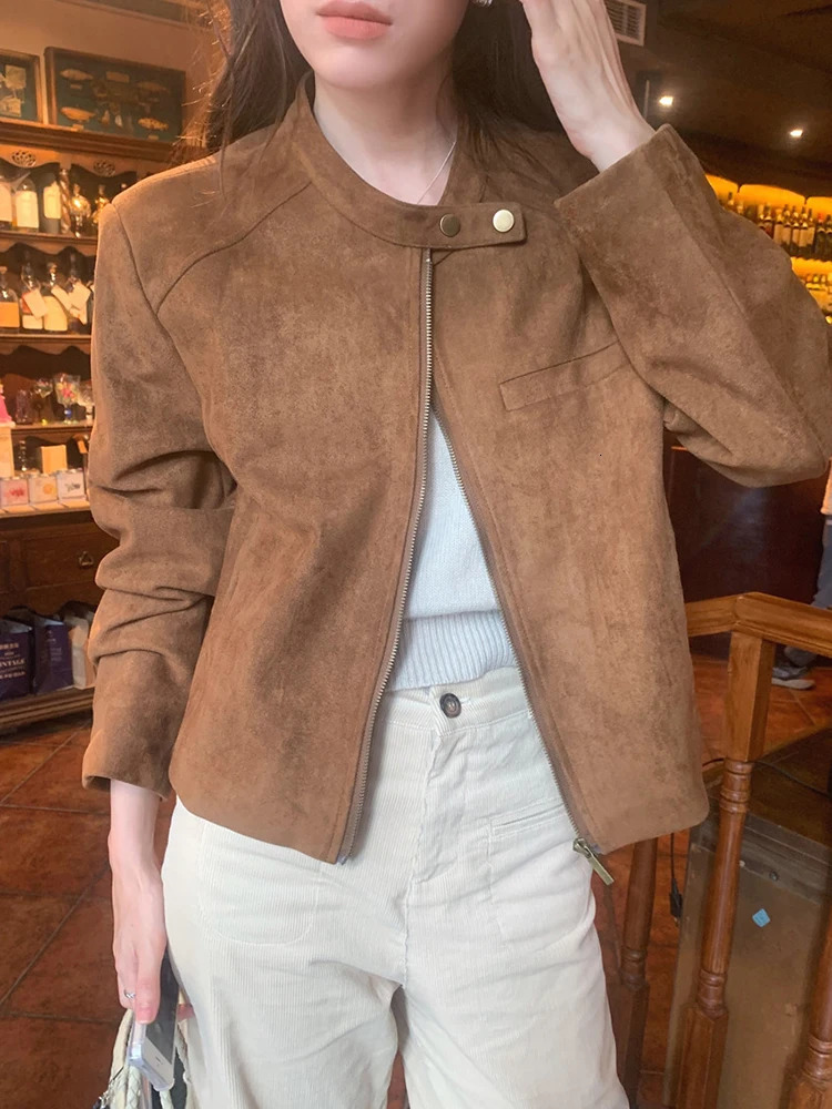 American style retro suede jacket winter warm thick zipper jacket long sleeved bicycle jacket casual short jacket trend 241023