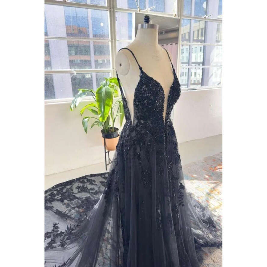Image Ink Blue Real Lace Tulle Evening Dresess Sexy Backless Spaghetti Straps A E Party Ocn Gowns Black Girls Prom Dress Open Back Bc16466