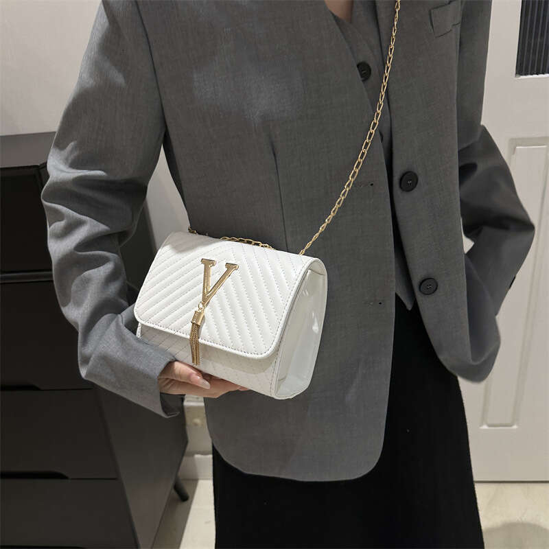 Tassel V-shaped shoulder women's 2024 new fashionable small square niche versatile chain diagonal cross bag