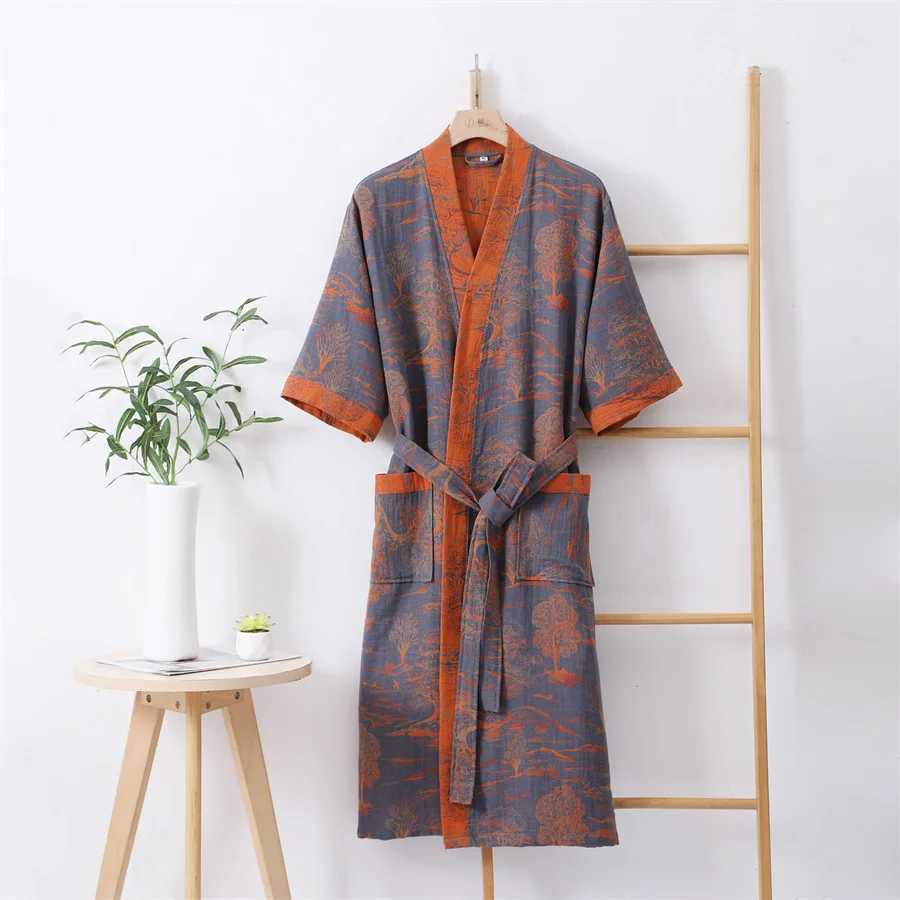 Summer couple dress double layered high waisted mens shower robe casual wear womens V-neck kimono Spwear evening dress W241023