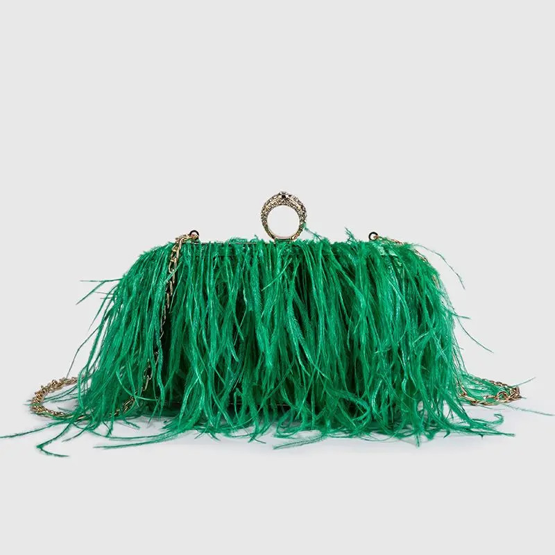 Fashion Ostrich Fuax fur wallet clutch bag womens diamond finger ring dinner party wedding wallet chic 241023