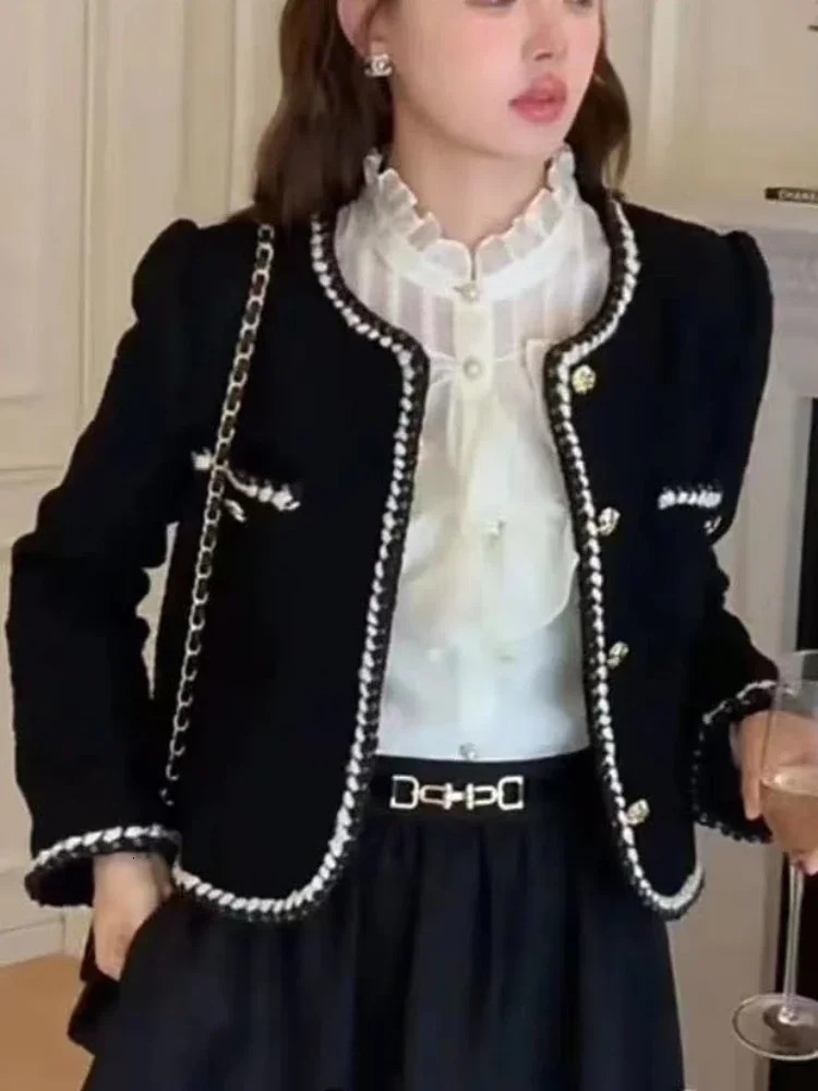 Autumn and winter fashion retro jacket for women Korean elegant single chest cut jacket coarse tweed long sleeved casual short sleeved jacket 241023