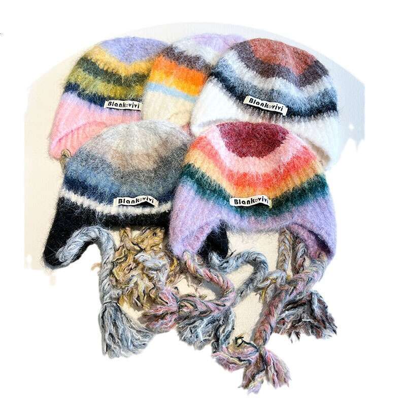 Beanie Striped design knit hat for winter outdoor warm Rainbow Christmas gift to girls knitted hat bonnet Christmas gift for girls very good