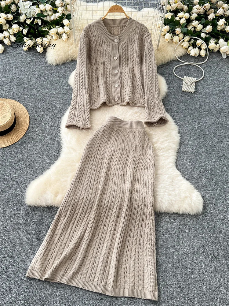 Singreiny American casual knit set womens long sleeved loose zipperelastic long thick warm sweater two-piece set 241023
